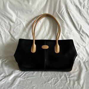 Black & Tan Faux Leather Tote Bag With Dual Handles Inner Zip Pocket By Details